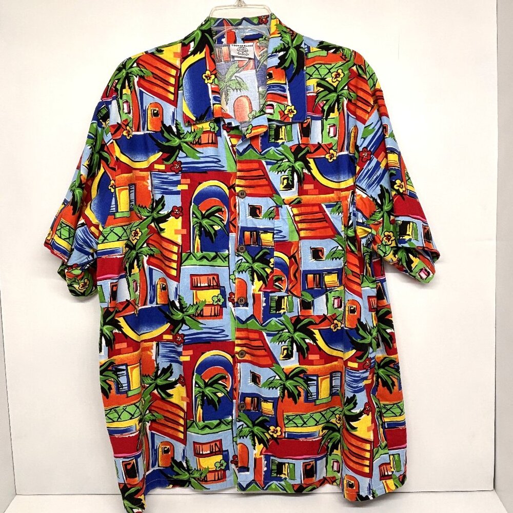 Vintage Toucan Dance Men's SS Cotton Hawaiian Shirt USA Palm Trees Tropical Sz L